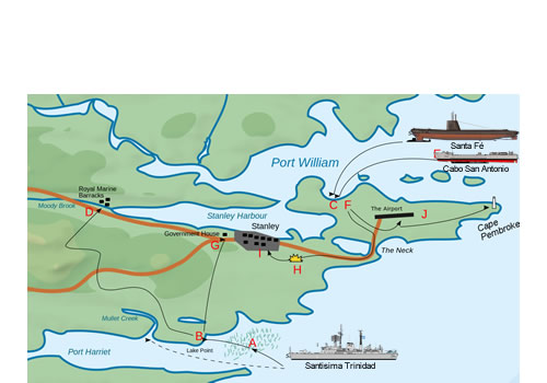 Mapa de los movimientos realizados en los alrededores de Puerto Argentino/Stanley entre los días 1 y 2 de abril.